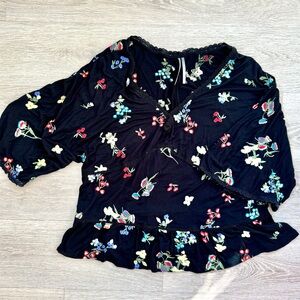 Anthropologie Black Floral Embroidered Peplum Top, XL
